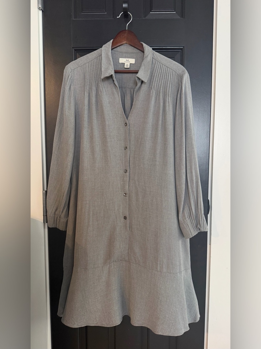 Halston Gray Long-Sleeve Button Front Shirt Dress